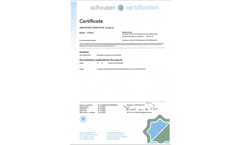 Certificaat ISO 22000 2018 BIDON